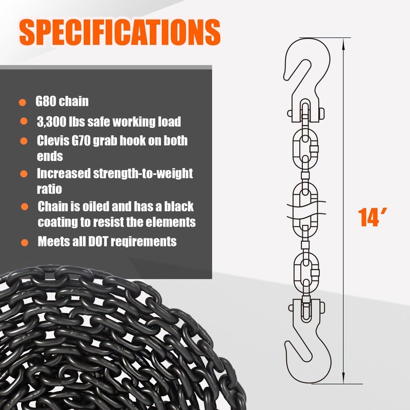 TKK G80 Transport Binder Chain 5/16 Inch x 10 Foot | 4,900 lbs Safe Working Load | Tow Chain with Clevis Grab Hooks | Ideal for Transporting, Towing, and Binding Equipment - Image 4